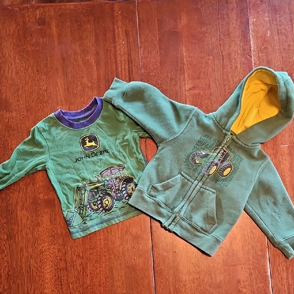 Baby Size 12M John Deere Green & Yellow Tractor Hoodie and Long Sleeve Tee Set